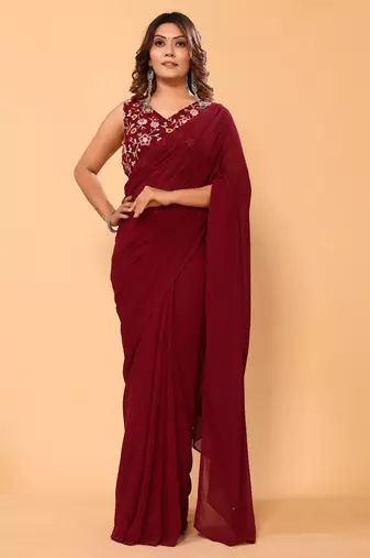 ready to wear stitched georgette maroon saree with embroidery work with embroidery waist belt