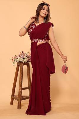 ready to wear stitched georgette maroon saree with embroidery work unstitched blouse piece with embroidery waist belt 3
