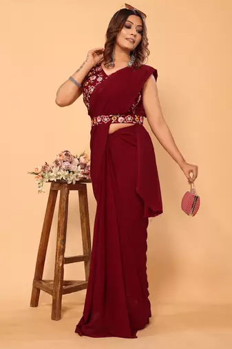ready to wear stitched georgette maroon saree with embroidery work with embroidery waist belt