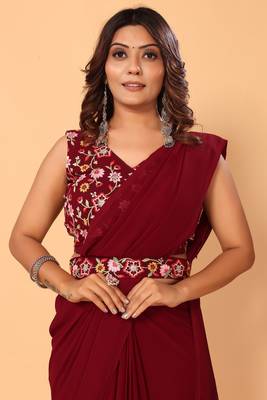 ready to wear stitched georgette maroon saree with embroidery work unstitched blouse piece with embroidery waist belt 4