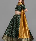 Green Brocade Fabric Lehenga & Unstitched Blouse With Dupatta