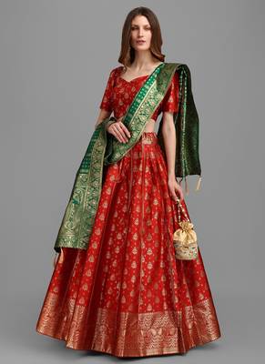Red Brocade Fabric Lehenga & Unstitched Blouse With Dupatta 1