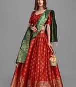 Red Brocade Fabric Lehenga & Unstitched Blouse With Dupatta
