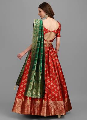 Red Brocade Fabric Lehenga & Unstitched Blouse With Dupatta 2