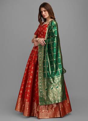 Red Brocade Fabric Lehenga & Unstitched Blouse With Dupatta 3