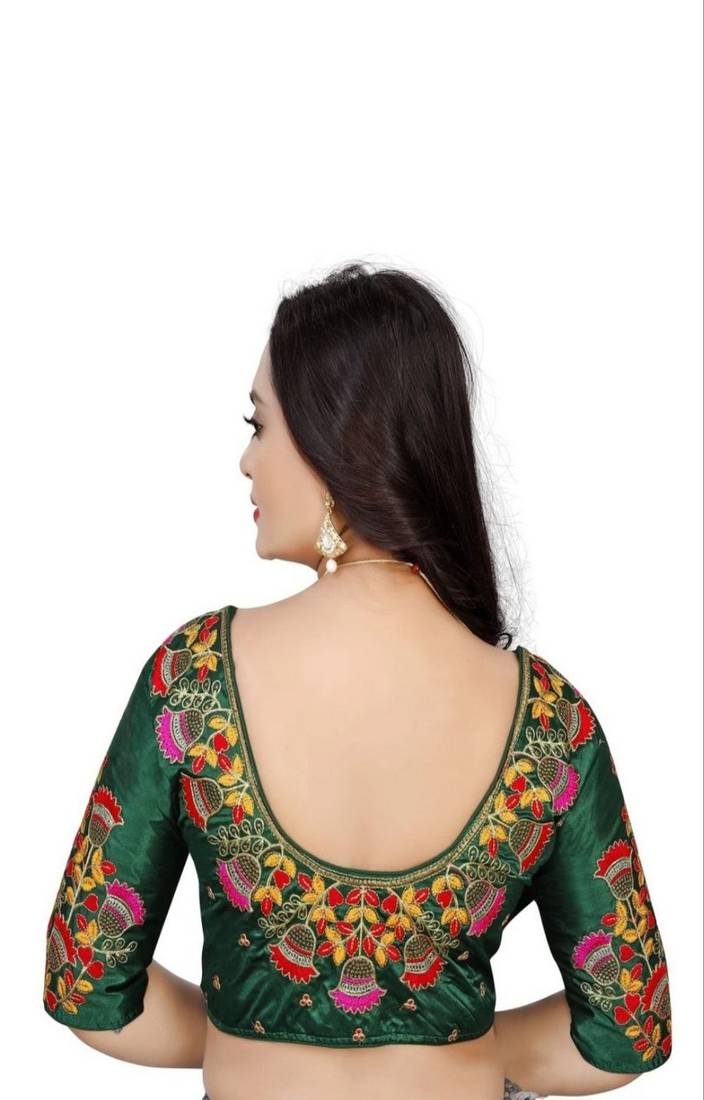 Bottle Green Multicolor Threadwork Readmade Blouse