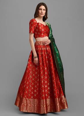Red Brocade Fabric Lehenga & Unstitched Blouse With Dupatta 4