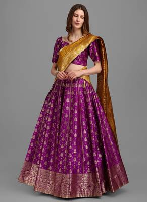 Purple Brocade Fabric Lehenga & Unstitched Blouse With Dupatta 1
