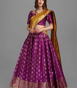 Purple Brocade Fabric Lehenga & Unstitched Blouse With Dupatta