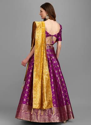 Purple Brocade Fabric Lehenga & Unstitched Blouse With Dupatta 2