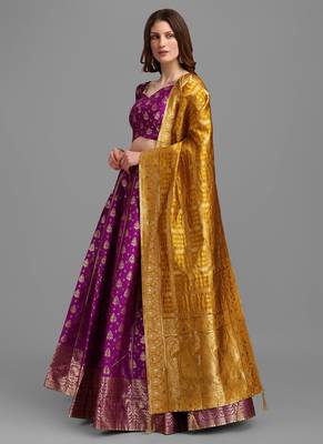 Purple Brocade Fabric Lehenga & Unstitched Blouse With Dupatta 3