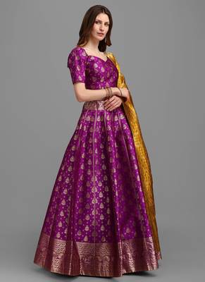 Purple Brocade Fabric Lehenga & Unstitched Blouse With Dupatta 4