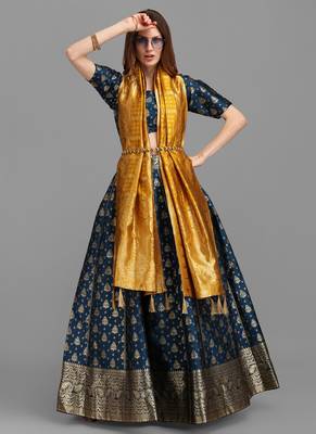 Rama Brocade Fabric Lehenga & Unstitched Blouse With Dupatta 1