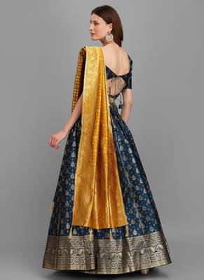 Rama Brocade Fabric Lehenga & Unstitched Blouse With Dupatta 2