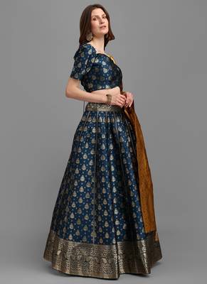 Rama Brocade Fabric Lehenga & Unstitched Blouse With Dupatta 3