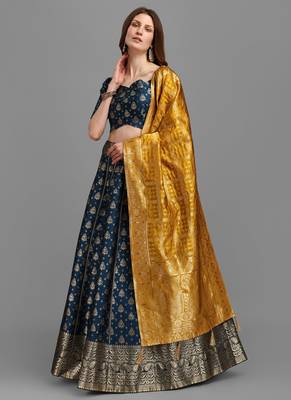 Rama Brocade Fabric Lehenga & Unstitched Blouse With Dupatta 4