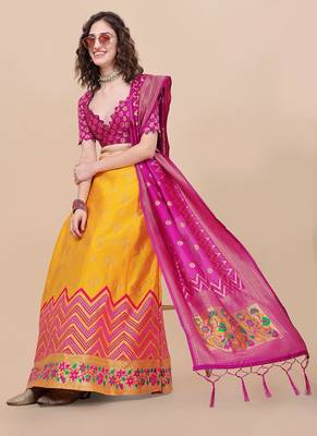 Yellow Brocade Fabric Lehenga & Unstitched Blouse With Dupatta 3