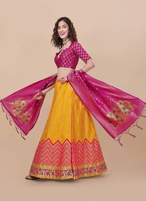 Yellow Brocade Fabric Lehenga & Unstitched Blouse With Dupatta 4