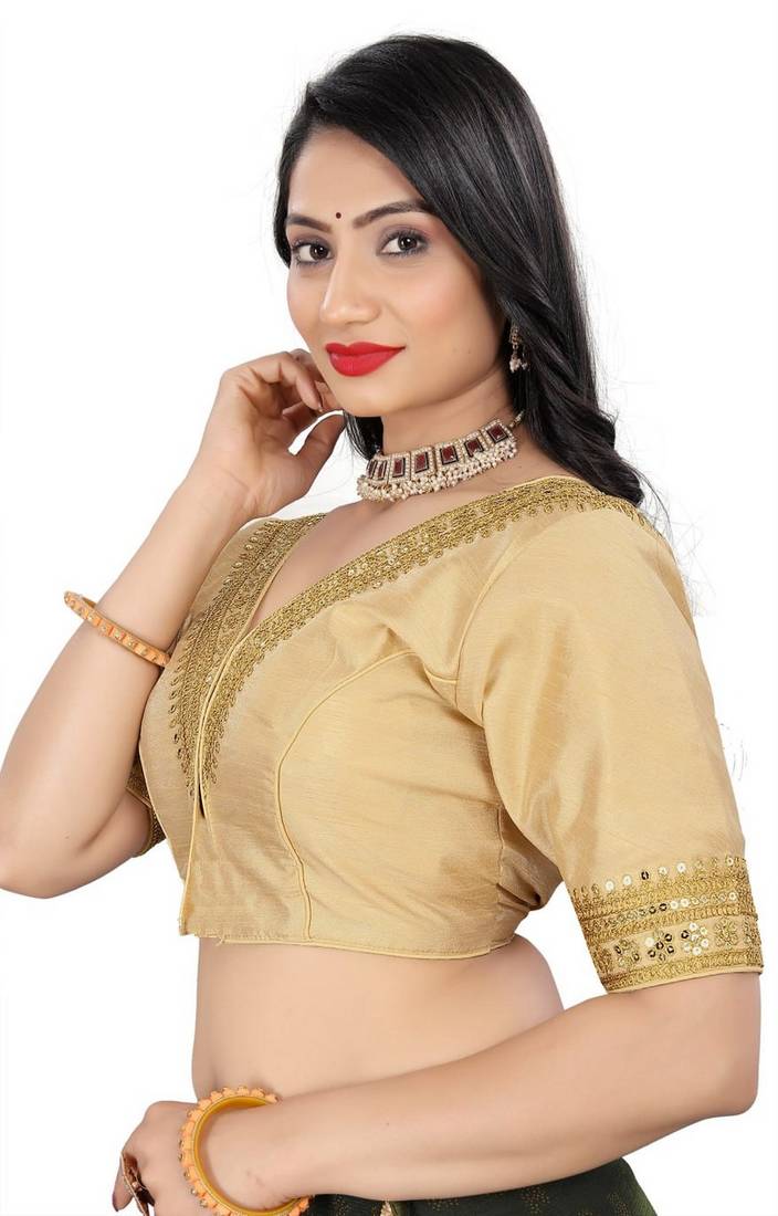 Vastraan V Neck Sequins Ready-Made Half Sleeve Self Adjustable Saree Blouse