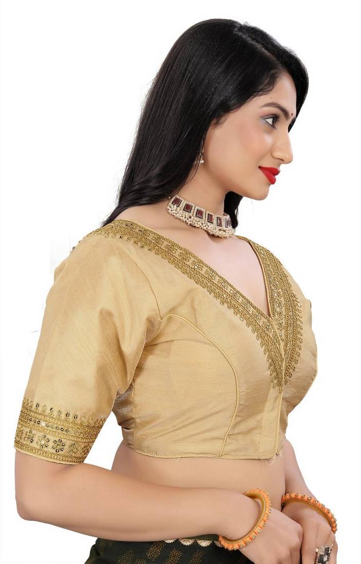 Vastraan V Neck Sequins Ready-Made Half Sleeve Self Adjustable Saree Blouse