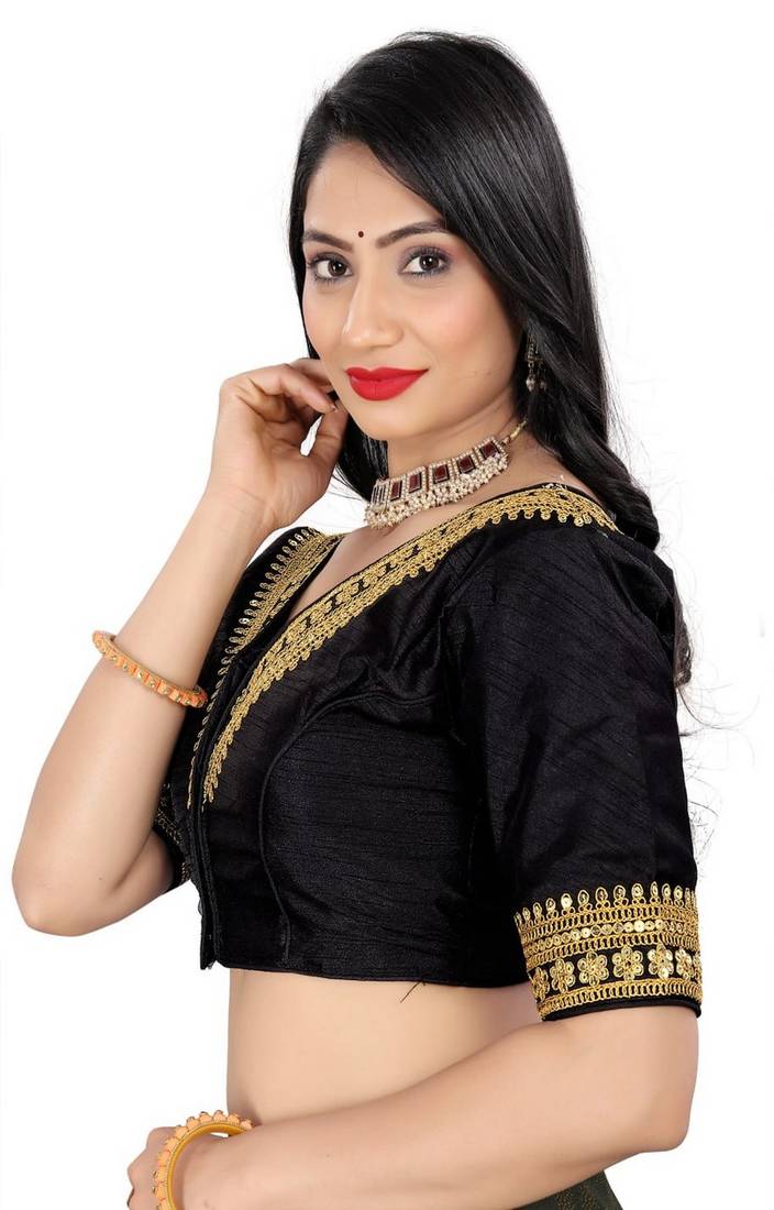 Vastraan V Neck Sequins Ready-Made Half Sleeve Self Adjustable Saree Blouse