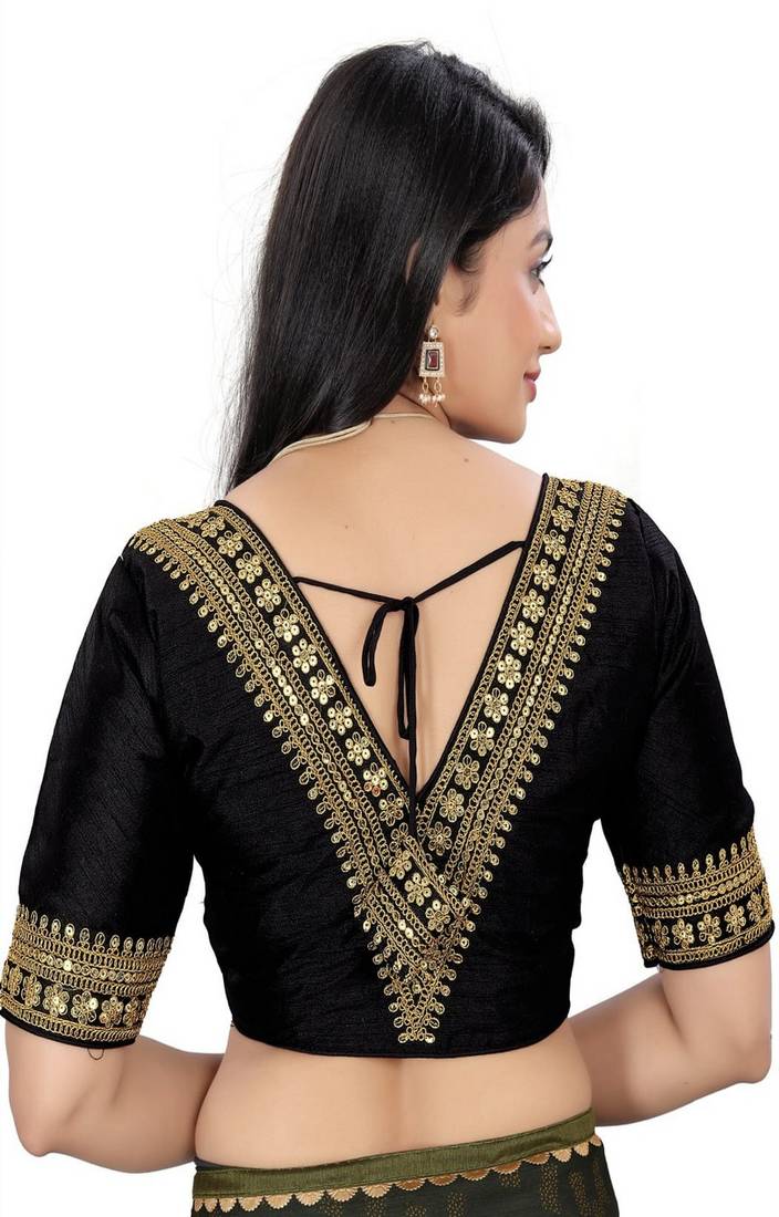 Vastraan V Neck Sequins Ready-Made Half Sleeve Self Adjustable Saree Blouse