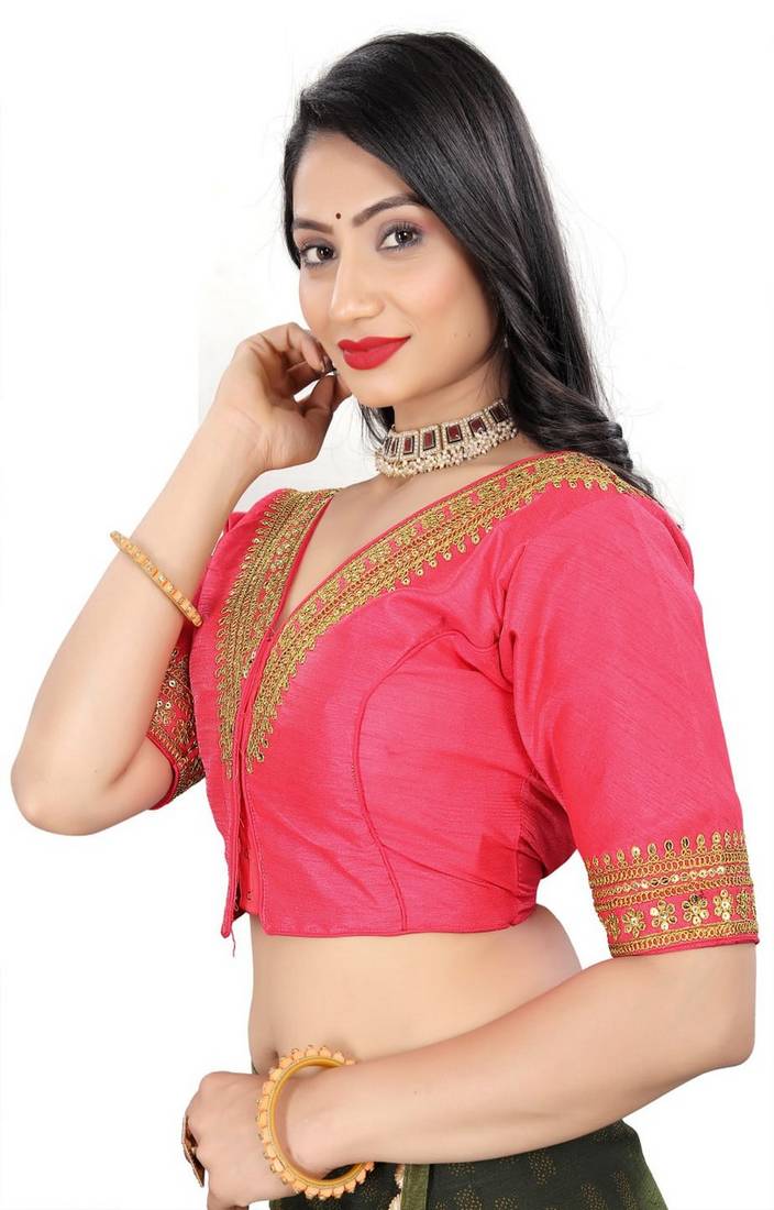 Vastraan V Neck Sequins Ready-Made Half Sleeve Self Adjustable Saree Blouse