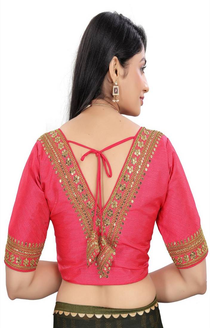 Vastraan V Neck Sequins Ready-Made Half Sleeve Self Adjustable Saree Blouse
