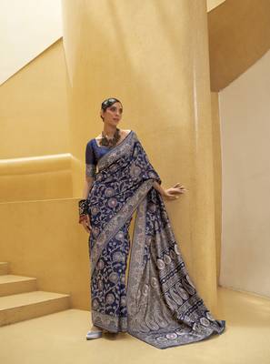 Rajtex Royal Blue Woven Chikankari-Saris With Blouse 1