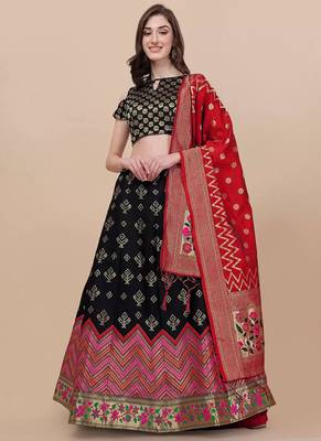 Black Brocade Fabric Lehenga & Unstitched Blouse With Dupatta 1