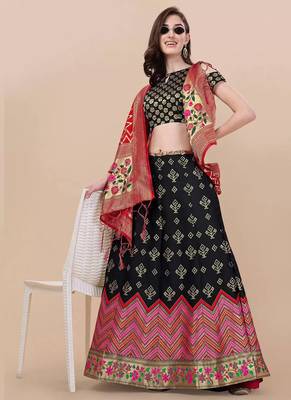 Black Brocade Fabric Lehenga & Unstitched Blouse With Dupatta 2