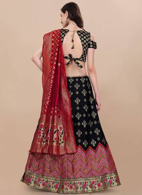 Black Brocade Fabric Lehenga & Unstitched Blouse With Dupatta 3