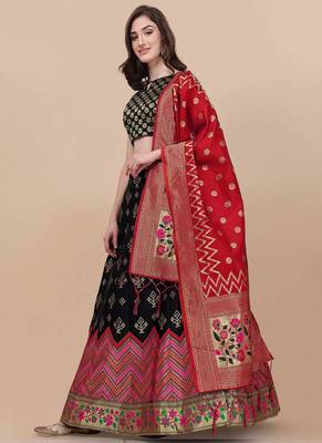Black Brocade Fabric Lehenga & Unstitched Blouse With Dupatta 4