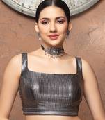 Grey Lycra Rectangle Neck Sleeveless Readymade Blouse