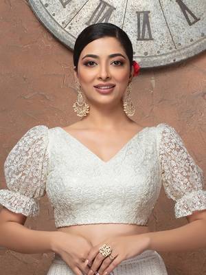 White Net V Neck Puff Sleeves Readymade Blouse 1