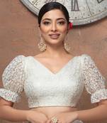 White Net V Neck Puff Sleeves Readymade Blouse