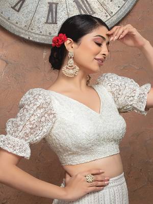 White Net V Neck Puff Sleeves Readymade Blouse 2