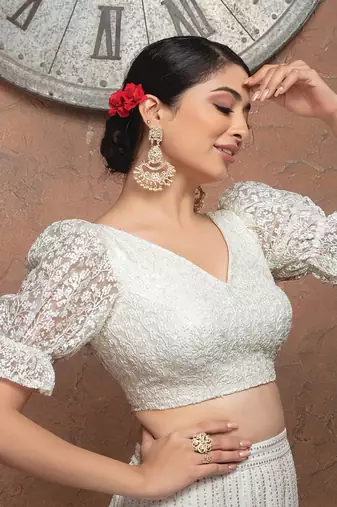 White Net V Neck Puff Sleeves Readymade Blouse