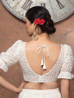 White Net V Neck Puff Sleeves Readymade Blouse 3
