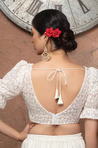 White Net V Neck Puff Sleeves Readymade Blouse