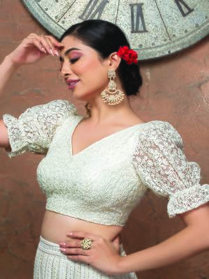 White Net V Neck Puff Sleeves Readymade Blouse 4