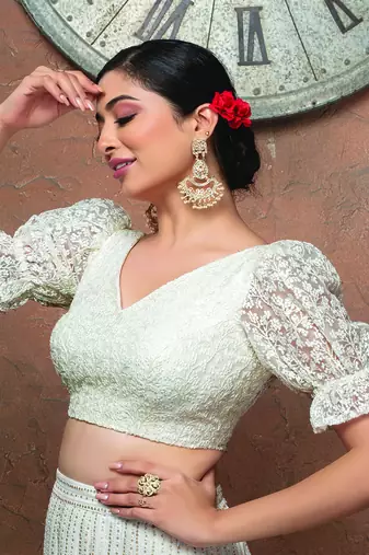 White Net V Neck Puff Sleeves Readymade Blouse