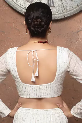 White Georgette Rectangle Neck Full Sleeves Readymade Blouse