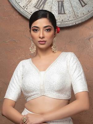 White Sequin Silk V Neck Half Sleeves Readymade Blouse 1