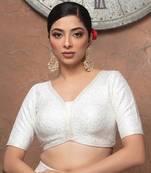 White Sequin Silk V Neck Half Sleeves Readymade Blouse