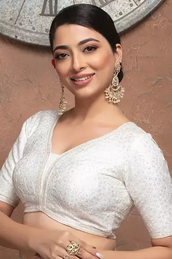 White Sequin Silk V Neck Half Sleeves Readymade Blouse