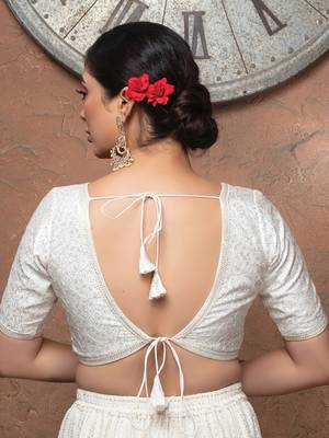 White Sequin Silk V Neck Half Sleeves Readymade Blouse 3