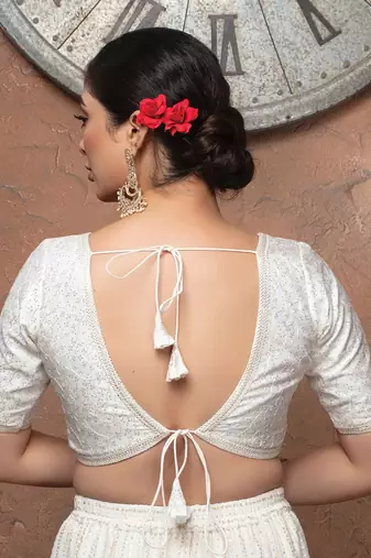 White Sequin Silk V Neck Half Sleeves Readymade Blouse
