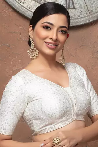 White Sequin Silk V Neck Half Sleeves Readymade Blouse