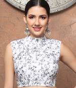 White Printed Cotton High Neck Sleeveless Readymade Blouse